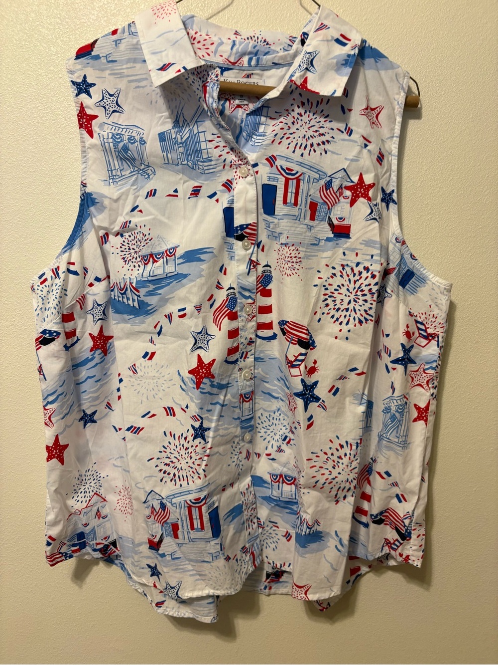 Kim Rogers Curvy Red, White & Blue Starfish Print Button-Up